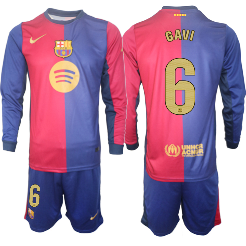 Men 2024-2025 Club Barcelona home Long Sleeves Blue #6 Soccer Jerseys